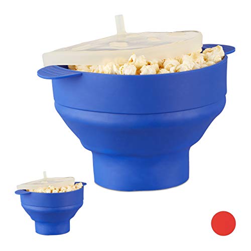 10 x Popcorn Maker Silikon für Mikrowelle, zusammenfaltbarer Popcorn Popper, Zubereitung ohne Öl, BPA-frei, blau von Relaxdays