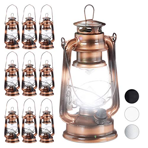 Relaxdays 10 x Sturmlaterne LED, Retro Sturmlampe als Fensterdeko oder elektrische Gartenlaterne, batteriebetrieben, Kupfer von Relaxdays