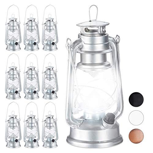 Relaxdays 10 x Sturmlaterne LED, Retro Sturmlampe als Fensterdeko oder elektrische Gartenlaterne, batteriebetrieben, Silber von Relaxdays