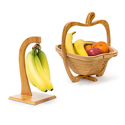 2 tlg Obst Set, Bananenhalter, Obstkorb, Obsthalter, Obstschale, Obstständer, Faltkorb, Bananenständer, Dekoschale, Holz von Relaxdays