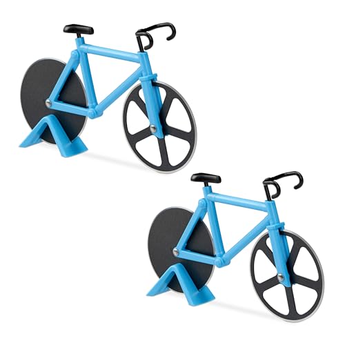 2 x Fahrrad Pizzaschneider, lustiger Pizzaroller mit Schneiderädern aus Edelstahl, Cutter für Pizza & Teig, blau von Relaxdays