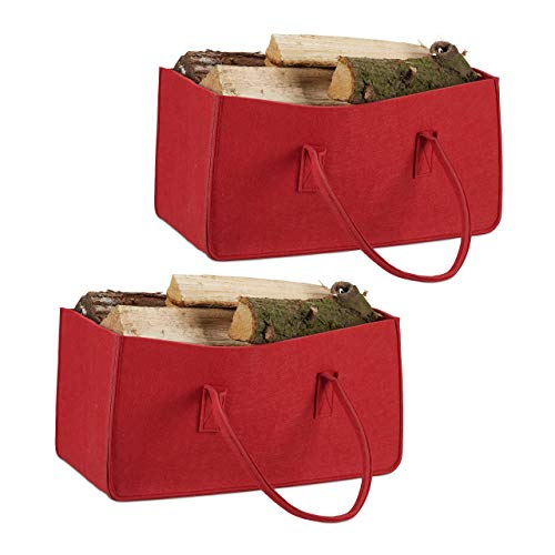 Relaxdays 2 x Kaminholztasche aus Filz, tragbarer Feuerholzkorb, Faltbarer Zeitungshalter HxBxT: 25 x 25 x 50 cm, Filztasche, rot von Relaxdays