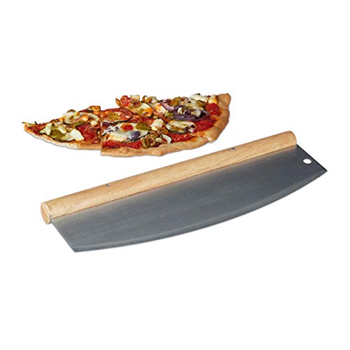 2 x Pizza Wiegemesser, Edelstahl Pizzaschneider mit Holzgriff, 1 Klinge mit Schutzhülle, HxB: 12 x 35 cm, silber von Relaxdays