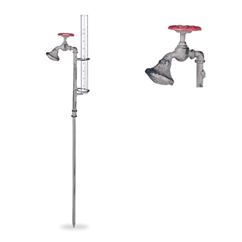 2 x Regenmesser Wasserhahn, mit Erdspieß, rustikal, Deko Niederschlagsmesser 17 cm / 7 inch, aus Glas, Metall, grau von Relaxdays