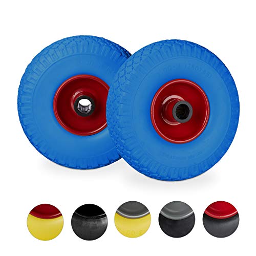 2 x Sackkarrenrad im Set, pannensicher, 3.00-4 Vollgummireifen, Stahlfelge, 25 mm Achse, 100 kg, 260x85mm, blau-rot von Relaxdays