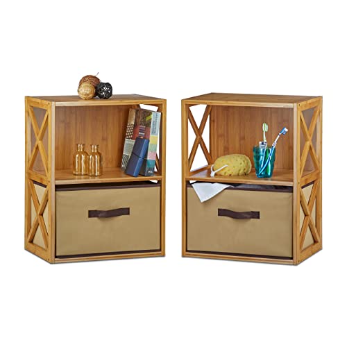 2X Regal Bambus mit Korb, 2 Ablagen, Holz Standregal, Badregal, Faltbox, HxBxT: 54 x 42 x 29 cm, Natur braun von Relaxdays