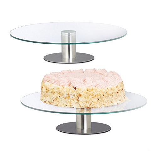 Relaxdays 2er Set drehbare Tortenteller mit Standfuß, Glasplatte zum Dekorieren, Tortenständer für Kuchen, Ø 30 cm, transparent von Relaxdays