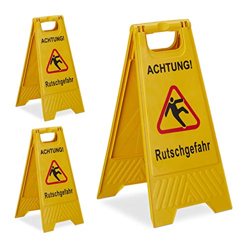 3 x Achtung Rutschgefahr Aufsteller, klappbar, Warnschild vor Glätte, beidseitig beschriftet, Hinweisschild, gelb von Relaxdays