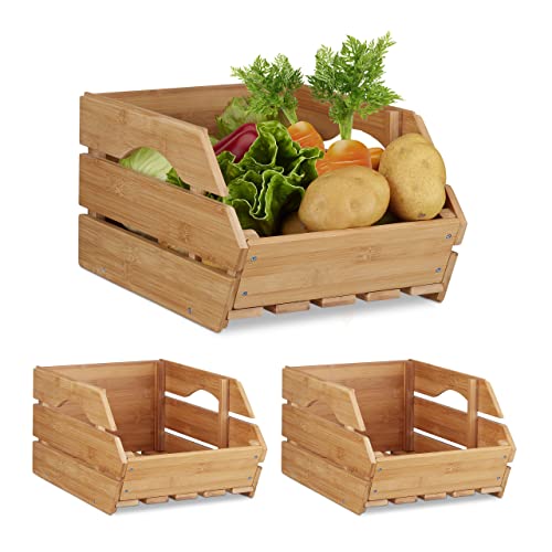 3 x Universal Stapelkiste aus Bambus, offene Aufbewahrungsbox, stabil, Stapelbox, HxBxT: 20,5x27x38 cm, Bambusbox, natur von Relaxdays