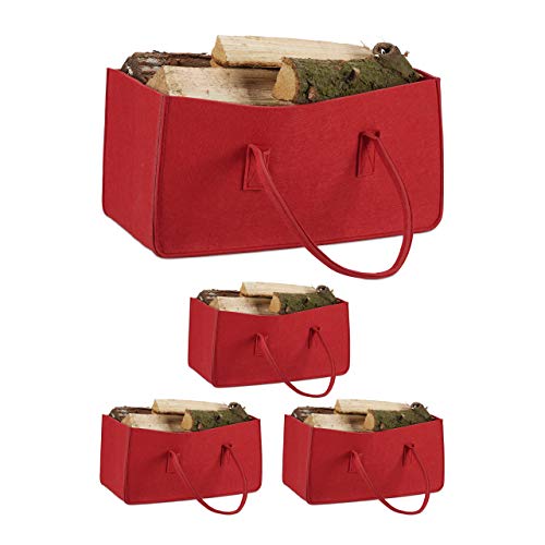 4 x Kaminholztasche aus Filz, tragbarer Feuerholzkorb, faltbarer Zeitungshalter HxBxT: 25 x 25 x 50 cm, Filztasche, rot von Relaxdays