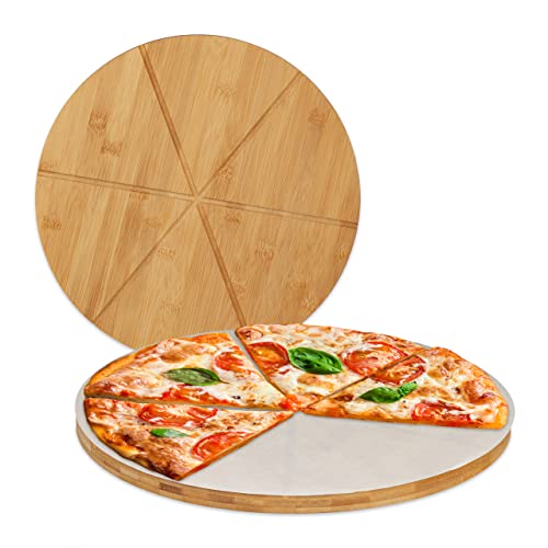 4 x Pizzabrett Bambus, runde Pizzateller 33 cm Ø, inklusive Backpapier, Pizza Schneidebrett mit Rillen, Natur von Relaxdays