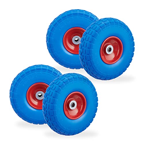 4 x Sackkarrenrad, pannensichere Vollgummireifen, 4.1/3.5-4, 16 mm Achse, bis 150 kg, H x D: 26 x 8,5 cm, blau/rot von Relaxdays