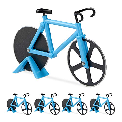5 x Fahrrad Pizzaschneider, lustiger Pizzaroller mit Schneiderädern aus Edelstahl, Cutter für Pizza & Teig, blau von Relaxdays