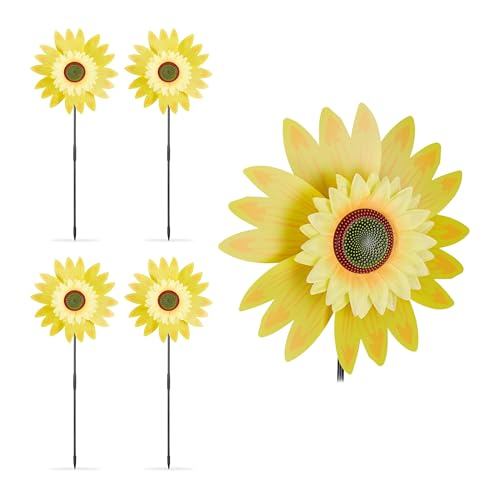 5 x Windrad Blume, Deko Sonnenblume, für Kinder, für Balkon, Terrasse und Garten, Gartenstecker, 70 cm hoch, gelb von Relaxdays