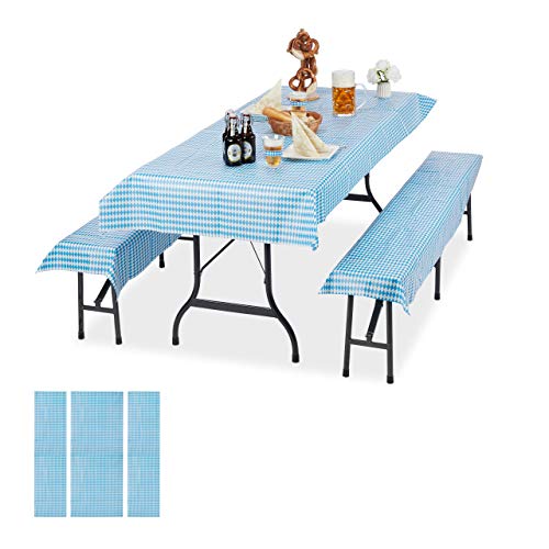 Relaxdays 6 x Bierzeltgarnitur Auflage, bayrisch, 2 Biertisch Tischdecken 250x100cm, 4 Bierbankauflagen 250x55cm, weiß-blau von Relaxdays