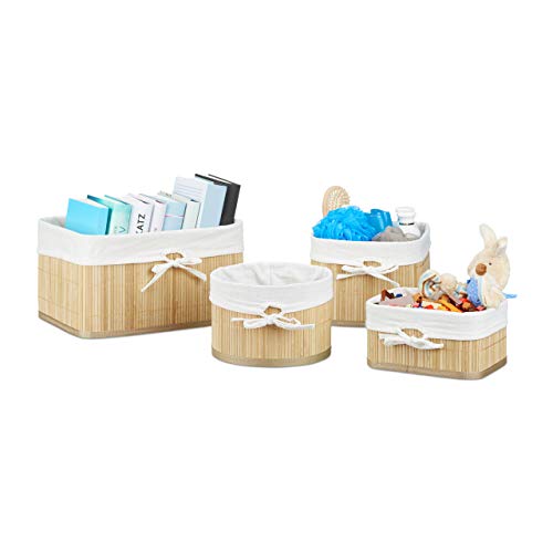 8 x Aufbewahrungskorb Bambus, Aufbewahrungsbox für Regal und Schrank, Dekokorb Stoffeinsatz, Regalkorb, 4 Größen, Natur von Relaxdays