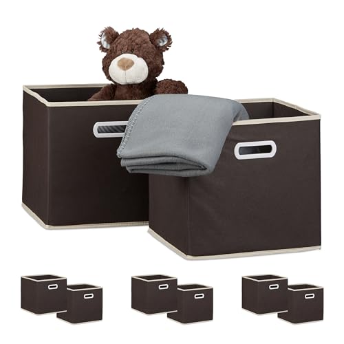 8 x Faltbox im Set, Aufbewahrungsbox aus Stoff, quadratisch HBT ca. 30 x 30 x 30 cm, mit Fingerloch, Regalbox, braun von Relaxdays