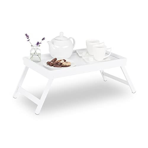 HLP Betttabletts aus Bambus, Füße mit Klappen, 2 Stück, Serviertablett & Frühstück, 22 x 64 x 31 cm, Weiß von Relaxdays