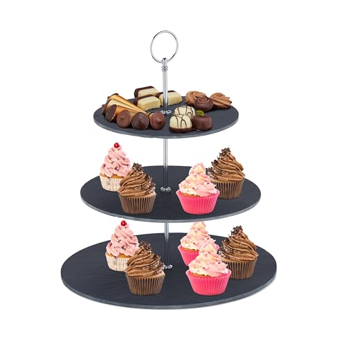 Relaxdays, 3 Etagen, Schiefer, Kuchen, Snacks, Obst, Metallgriff, Servierständer, HxD 33x30 cm, anthrazit/Silber Relaxdays, 3 Etagen, Schiefer, Kuchen, Snacks, Obst, Metallgriff, Servierständer, HxD 33x30 cm, anthrazit/Silber von Relaxdays