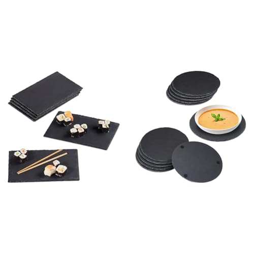 Relaxdays, 30x20 cm, anthrazit Schieferplatte im 6er Set, große Servierplatten & Schieferplatte 6er Set rund, 25cm Ø, Pizzateller zum Servieren & Beschriften, Buffet, Servierplatte, anthrazit von Relaxdays