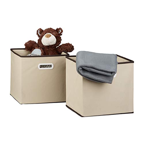 Relaxdays, Griff, quadratisch, 30 x 30 cm, Stoff Aufbewahrungsbox ohne Deckel, Regalbox, beige Faltbox 2er Set, wolle, 30 x 30 x 30 cm, 2 von Relaxdays