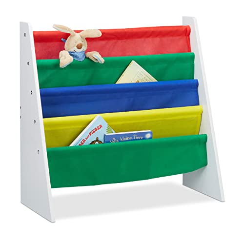 Relaxdays, Mehrfarbig Bücherregal für Kinder, Aufbewahrungsregal, Spielzeugregal, aus MDF+Polyester, mit 4 Stofffächern, Standard von Relaxdays