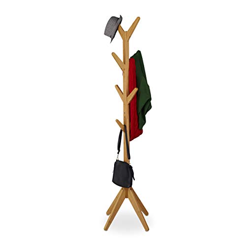 Relaxdays Garderobenständer Bambus, Jackenständer mit 8 Haken, HBT 181,5 x 53 x 53 cm, Standgarderobe in Baumform, Natur 10032151 von Relaxdays