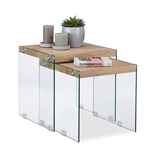 Relaxdays Satztisch 2er Set, Massive Holzplatte, Edle Glas Beistelltische, Wohnzimmer, Couchtische 40-45 cm hoch, Natur Relaxdays Satztisch 2er Set, Massive Holzplatte, Edle Glas Beistelltische, Wohnzimmer, Couchtische 40-45 cm hoch, Natur von Relaxdays