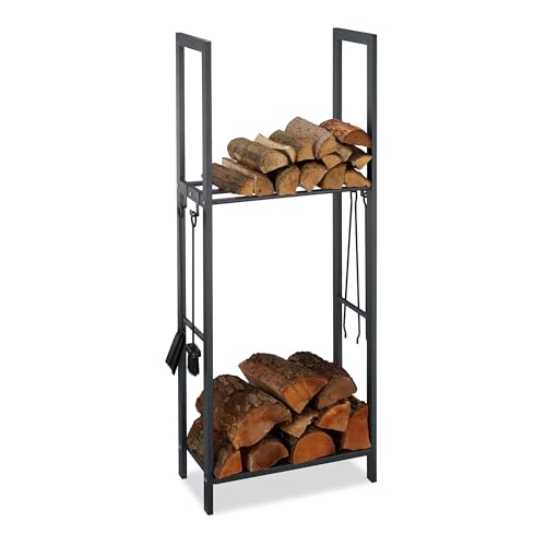 Relaxdays, anthrazit Kaminholzregal mit 2 Ablagen, aus Stahl, 4 Haken für Kaminbesteck, Brennholzregal HBT 150x60x30 cm, 150 x 60 x 30 cm Relaxdays, anthrazit Kaminholzregal mit 2 Ablagen, aus Stahl, 4 Haken für Kaminbesteck, Brennholzregal HBT 150x60x30 cm, 150 x 60 x 30 cm von Relaxdays