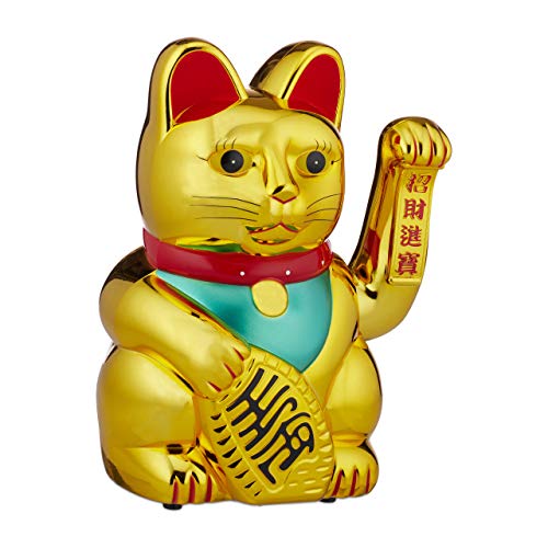 Relaxdays, gold Winkekatze, XL Maneki Neko, batteriebetriebene winkende Pfote, Glücksbringer für Reichtum, Erfolg, 30 cm von Relaxdays