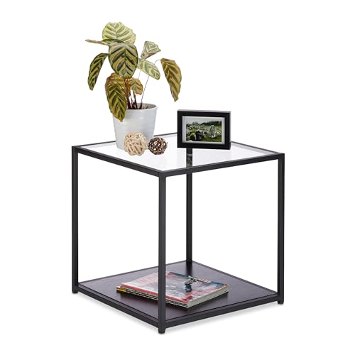 Relaxdays, schwarz Beistelltisch Glas+Holzablage, Metallgestell, robust, quadratisch, Flacher Couchtisch HBT 50x50x50 cm, Standard von Relaxdays