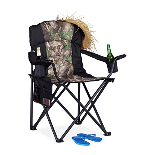 Relaxdays, schwarz-grün Campingstuhl, klappbarer Anglerstuhl mit 2 Getränkehaltern & Seitentasche, tragbar, bis 113 kg, Stahl von Relaxdays