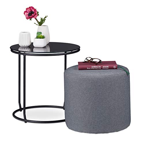 Relaxdays Beistelltisch mit Hocker, rund, Couchtisch und Pouf Kombination, platzsparend, HxD 40x40cm, schwarz und grau von Relaxdays