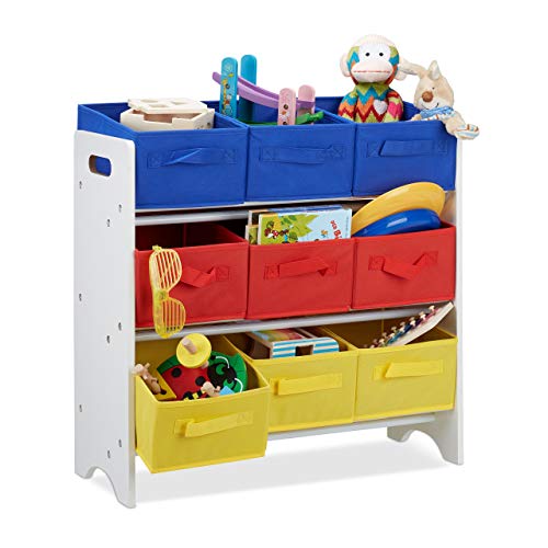 Relaxdays, weiß/bunt Kinderregal mit Boxen, 9 Faltbare Körbe mit Henkeln, Metallrohre, Spielzeug, MDF, HxBxT: 62x63x28cm, Standard von Relaxdays