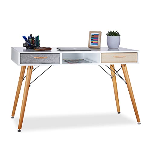 Relaxdays, weiß Schreibtisch, skandin. Design, 3 Fächer, 2 Schubladen, Computertisch HxBxT: ca. 74 x 125 x 60 cm, Holz, Standard von Relaxdays