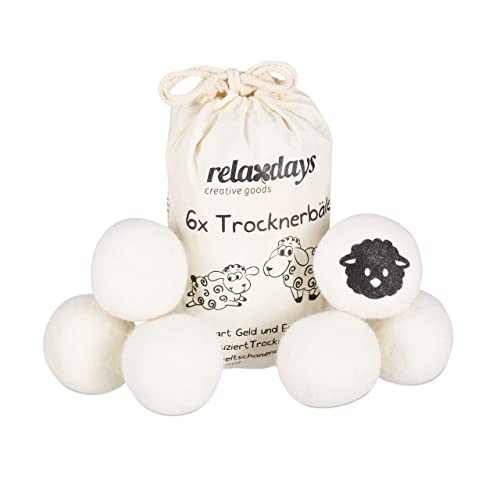 Relaxdays Trocknerbälle XXL, 6 Trocknerkugeln, Filzbälle für Trockner, aus Schafswolle, umweltschonend, Ø 7 cm, weiß von Relaxdays