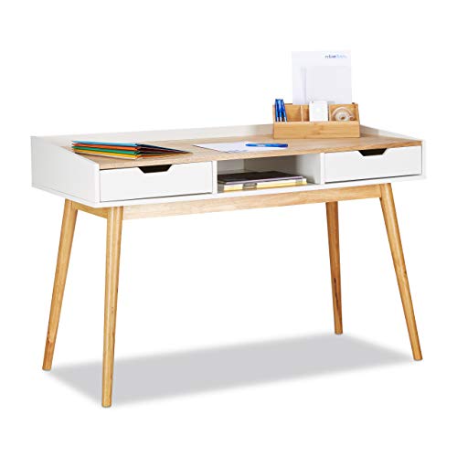 Relaxdays, weiß-braun Schreibtisch, skandinavisches Design, 2 Schubladen, Bürotisch HxBxT: ca. 76 x 120 x 55 cm, Holz, 60%, Standard von Relaxdays