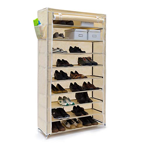 Relaxdays 1 x Schuhschrank Valentin, hohes Schuhregal mit Stoffbezug, 9 Ablagen, Stoffschrank, HBT 161 x 88 x 30 cm, beige von Relaxdays