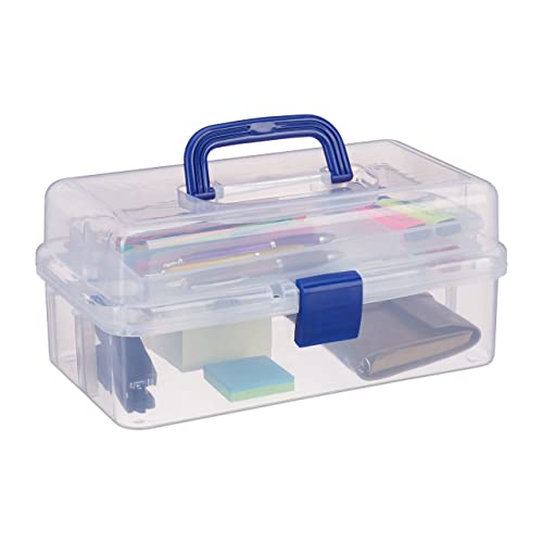 1 x Transparente Plastikbox, 9 Fächer, Werkzeugbox, Nähkästchen, Werkzeugkoffer, Werkzeug, HBT 14x33x19 cm, blau von Relaxdays