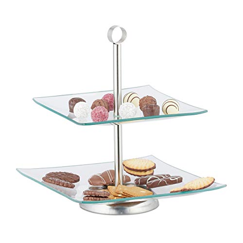 Relaxdays 10 x Etagere, 2 stöckig, eckig, Cupcake, Kekse, Obst, Muffin, Servierständer, Glas, Edelstahl, Silber/transparent von Relaxdays