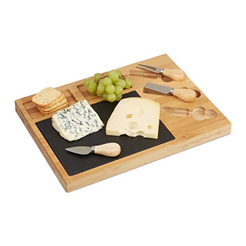 Relaxdays 10022234 Käsebrett Set, Bambus Käseplatte unterteilt, 3 Käsemesser, Schieferplatte, HxBxT: 3 x 40 x 30 cm, Natur von Relaxdays