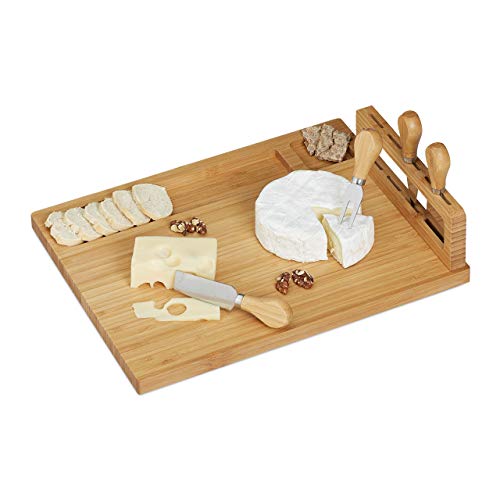 relaxdays 10028826 Käsebrett mit Besteck, Käseplatte mit Käsegabel und-Messer aus Edelstahl, Bambus Käsescheidenbrett, Natur von Relaxdays