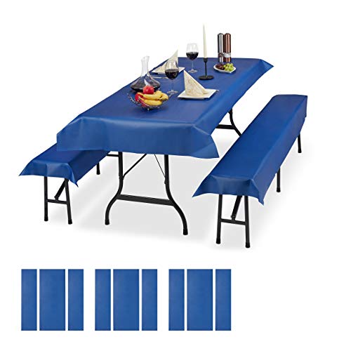 Relaxdays 12 x Bierzeltgarnitur Auflage, 4 Biertisch Tischdecken 250x100cm, 8 Bierbankauflagen 250x55cm, Outdoor, abwaschbar, blau von Relaxdays