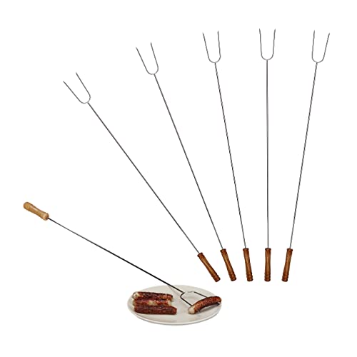 12x Grillspieße im Set, Holzgriff, Sicherer Abstand, Lagerfeuer, Universal, 80 cm lang, Edelstahl, Silber/Natur von Relaxdays