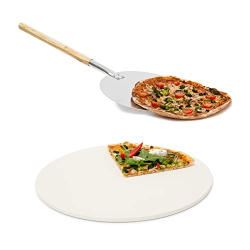 2 teiliges Pizza-Set, runder Pizzastein Cordierit, für Backofen und Grill, Pizzaschaufel Pizzaschieber mit langem Griff von Relaxdays
