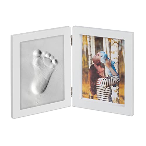 Relaxdays 2 x Babybilderrahmen mit Gipsabdruck, Set für Handabdruck oder Fußabdruck, DIY Babyabdruck mit Bilderrahmen, weiß von Relaxdays
