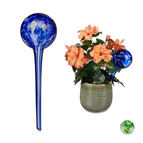 Relaxdays 2 x Bewässerungskugel, dosierte Pflanzen Bewässerung, Blumentopf, Gießhilfe Büro, Urlaub, Durstkugel Glas, Ø 9cm, blau von Relaxdays