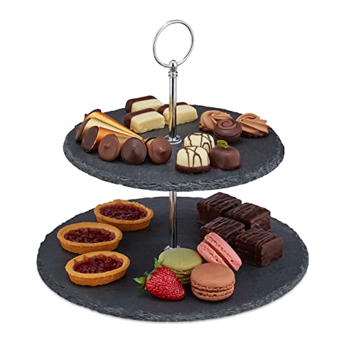 Relaxdays 2 x Etagere mit 2 Etagen, Schiefer, Kuchen, Snacks, Obst, Metallgriff, Servierständer, HxD: 23 x 25 cm, anthrazit/Silber von Relaxdays