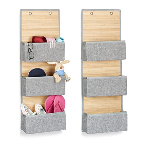 Relaxdays 2 x Hängeaufbewahrung, Bad und Flur, Türorganizer 3 Fächer, Bambus und Stoff, Türgarderobe, HxBxT: 94 x 33 x 12 cm, grau von Relaxdays