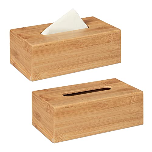 2 x Kosmetiktuchbox, aus Bambus, Box für Kosmetik- & Taschentücher, Tücherbox nachfüllbar, Taschentuchbox, Natur von Relaxdays